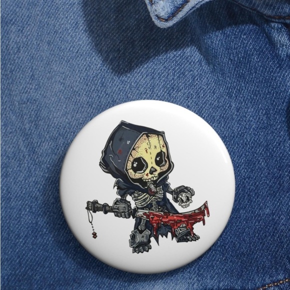 NEW Original Art - Skully Reap - Grim Reaper Button Pin - Picture 2 of 2